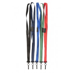 Polyester lanyard 15mm breed en 90mm lang met een plastic haak en een veiligheidsloskoppeling. Verkrijgbaar in 5 kleuren